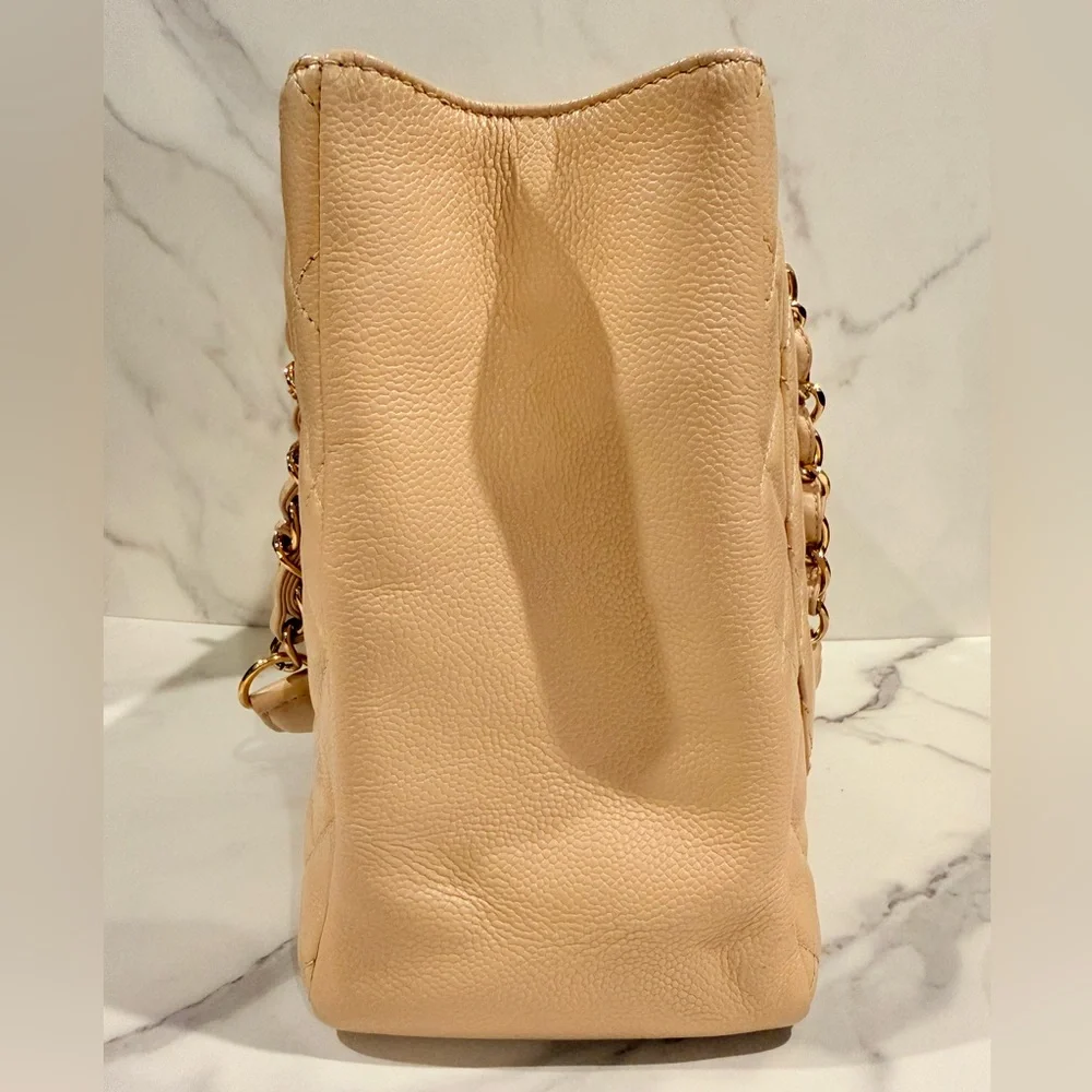 Authentic CHANEL Quilted Caviar GST large Tote in Beige with Gold Hardwar